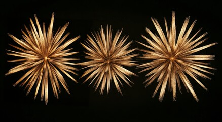 Fototapeta premium Three golden starburst decorations against a black background for elegant home decor