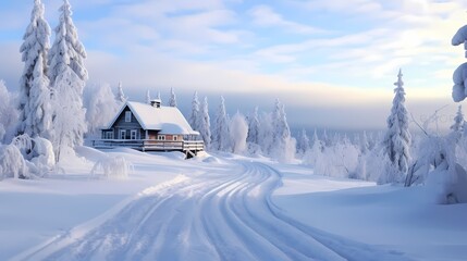 winter landscape, Mountains in the background. Clear blue sky, snowfall.