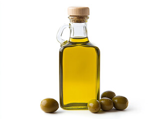 Olive oil in a glass bottle with olives isolated on a white background