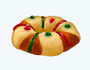 Rosa de Reyes, pan de Navidad, comida tradicional, comida mexicana, navidad ,Christmas bread, fresh, sweet, Christmas, Mexican food, Mexican bread, illustration, drawing, dry technique