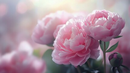 Fototapeta premium Pink peony flower blooming under soft sunlight in a lush garden during springtime