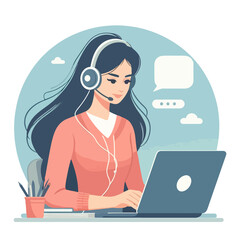 Female customer service worker working on laptop in flat illustration