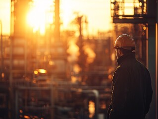 A worker in a hard hat observing the industrial landscape at sunset, with smoke and structures in the background creating a dramatic atmosphere.