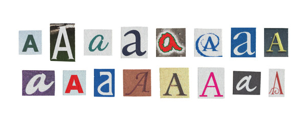Set of isolated cut-out letter “A” from magazines on a transparent background, retro y2k style