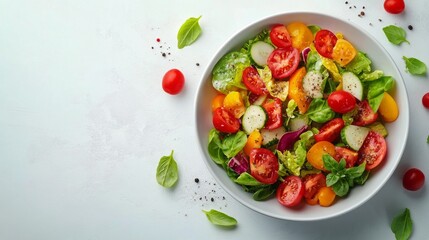 Fresh green salad with tomatoes, cucumbers, and onion arranged on a light background