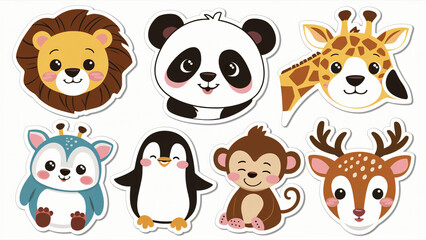 Obraz premium The image shows nine stylized animal stickers, including a lion, panda, giraffe, penguin, monkey, reindeer, koala, and fox, all with cute expressions and simple backgrounds.