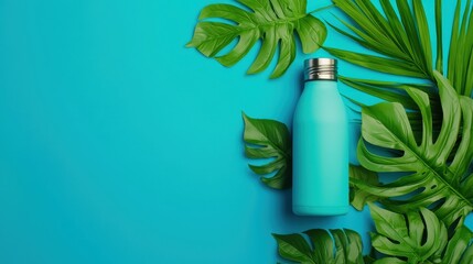 Blue Bottle Surrounded by Tropical Leaves on Teal Background