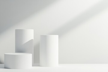 Matte white cylinder podium, minimalist, set against a light gray background, soft shadow, elegant simplicity, hightech product presentation, futuristic design