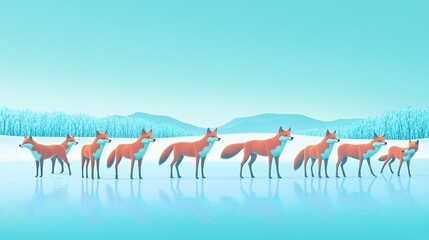 Obraz premium Line of Foxes on a Frozen Lake - Winter Wildlife Scene