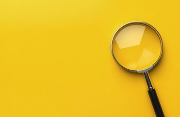 A magnifying glass resting on a bright yellow surface in a well-lit environment