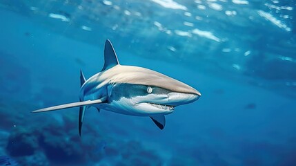 Naklejka premium A white shark with a fin is swimming towards the camera, showing its teeth.
