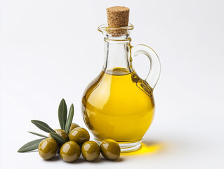 Olive oil in a glass bottle with olives isolated on a white background