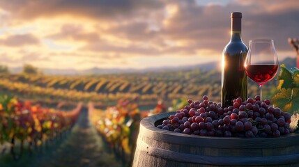 A picturesque view of a vineyard at sunset with a bottle of red wine and a glass alongside fresh grapes on a wooden barrel.