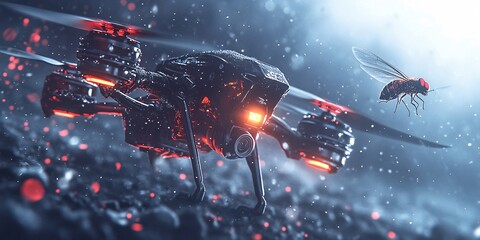 A close-up of a drone's propellers, with a small insect flying nearby.