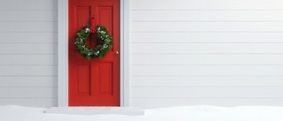 Festive red door with wreath surrounded by snow