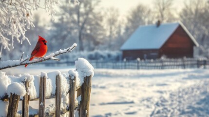 Snowy winter scene with a red cardinal near a rustic farmhouse in a quiet countryside setting