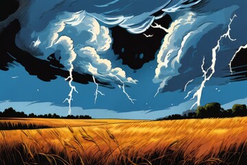 pop art style comic book panel of a thunderstorm over a wheat fi