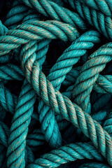 Vertical A tangled mass of thick, weathered ropes in shades of deep green and teal. The texture is rough.