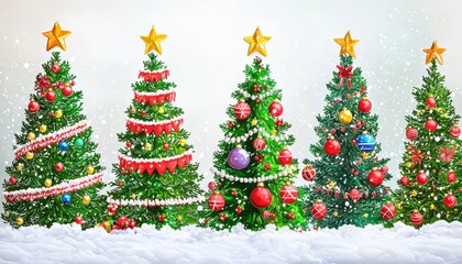 A festive scene featuring five decorated Christmas trees with colorful ornaments, ribbons, and stars, set against a snowy background.