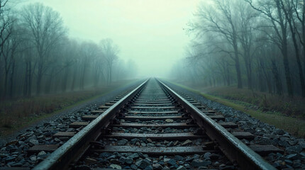 Fototapeta premium Train tracks disappearing into foggy forest at dawn