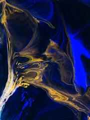 Naklejka premium Abstract fantastic gold and neon blue creative hand painted background, marble and brush texture, abstract ocean, acrylic painting.