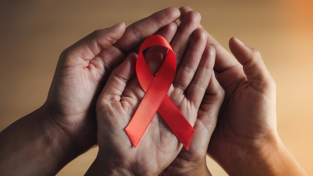 Hands holding red ribbon showing support for aids awareness