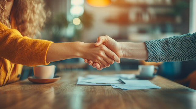 A warm handshake between two individuals signifies successful agreement or collaboration in cozy cafe setting. atmosphere is inviting and professional, perfect for business discussions