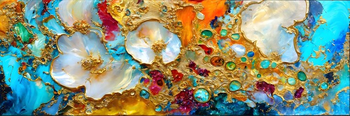 Colorful abstract painting oil and water with 3d golden 24k	