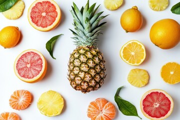 Vibrant arrangement of fresh oranges and pineapple on a clean white background