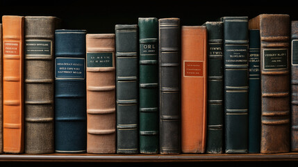 Naklejka premium Row of vintage books with leather and cloth bindings on a wooden shelf in a library setting with varied spine colors