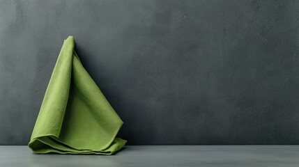 Green fabric napkin artfully placed on a smooth gray surface with textured gray wall background