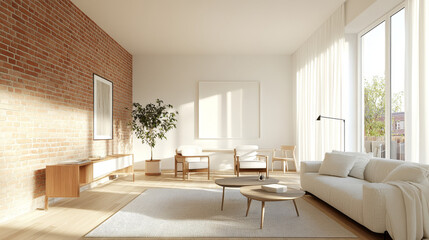 Fototapeta premium A bright and airy living room featuring cozy sofa, wooden furniture, and beautiful brick wall. natural light enhances serene atmosphere, perfect for relaxation