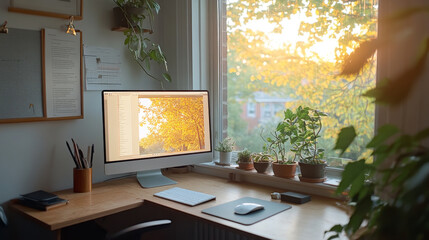 A cozy home office with large monitor displaying autumn foliage, surrounded by potted plants and warm sunlight streaming through window, creating serene atmosphere