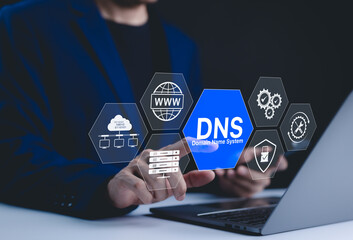 DNS domain name system and web server network system concept. A person uses a laptop, with DNS and...