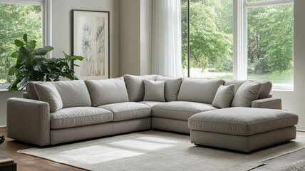 Modern light grey sofa next to a bright window