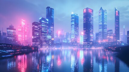 Fototapeta premium Futuristic Cityscape with Glowing Skyscrapers and Reflections on the River at Dusk