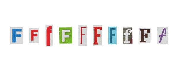 Set of isolated cut-out letter “F” from magazines on a transparent background, retro y2k style
