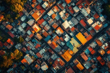 Overhead view of a densely populated urban area with colorful rooftops and grid-like streets, representing urban density and diverse architectural patterns.