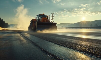 Fototapeta premium Pavement roller lays new asphalt at sunset.