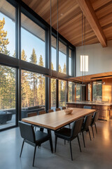 Fototapeta premium A modern dining room features large wooden table surrounded by black chairs, with expansive windows showcasing serene forest view. warm wood accents and natural light create welcoming atmosphere