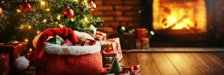 Close-up of festive gifts and toys in a Santa sack, surrounded by a decorated Christmas tree and a glowing fireplace