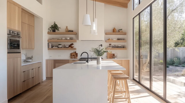 Modern kitchen design featuring wooden cabinetry, open shelving, and large island with bar stools. bright space is enhanced by natural light and minimalistic decor, creating warm and inviting atmosphe