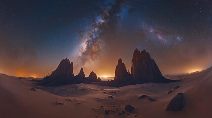 Starry Night in the Desert with Majestic Mountains and Rock Layers