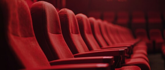 Empty red theater seats await moviegoers in a dimly lit cinema setting