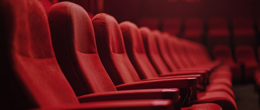 Empty red theater seats await moviegoers in a dimly lit cinema setting