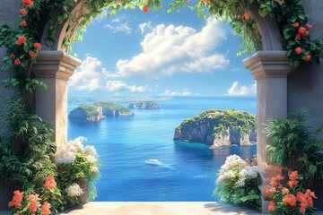 Fototapeta premium Island Paradise: A Tranquil View Through a Stone Arch