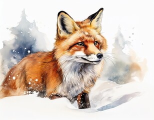 Red fox standing in snow watercolor illustration, winter woodland animals