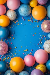 Colorful party decorations with confetti and balloons arranged on a festive background
