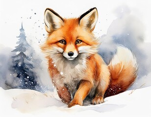 Obraz premium Red fox standing in snow with forest in the background watercolor illustration, winter woodland animals