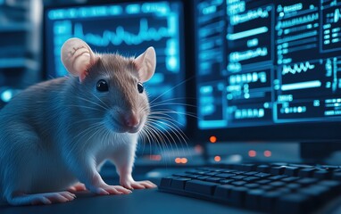 Curious lab mouse exploring a computer keyboard in a high-tech environment.